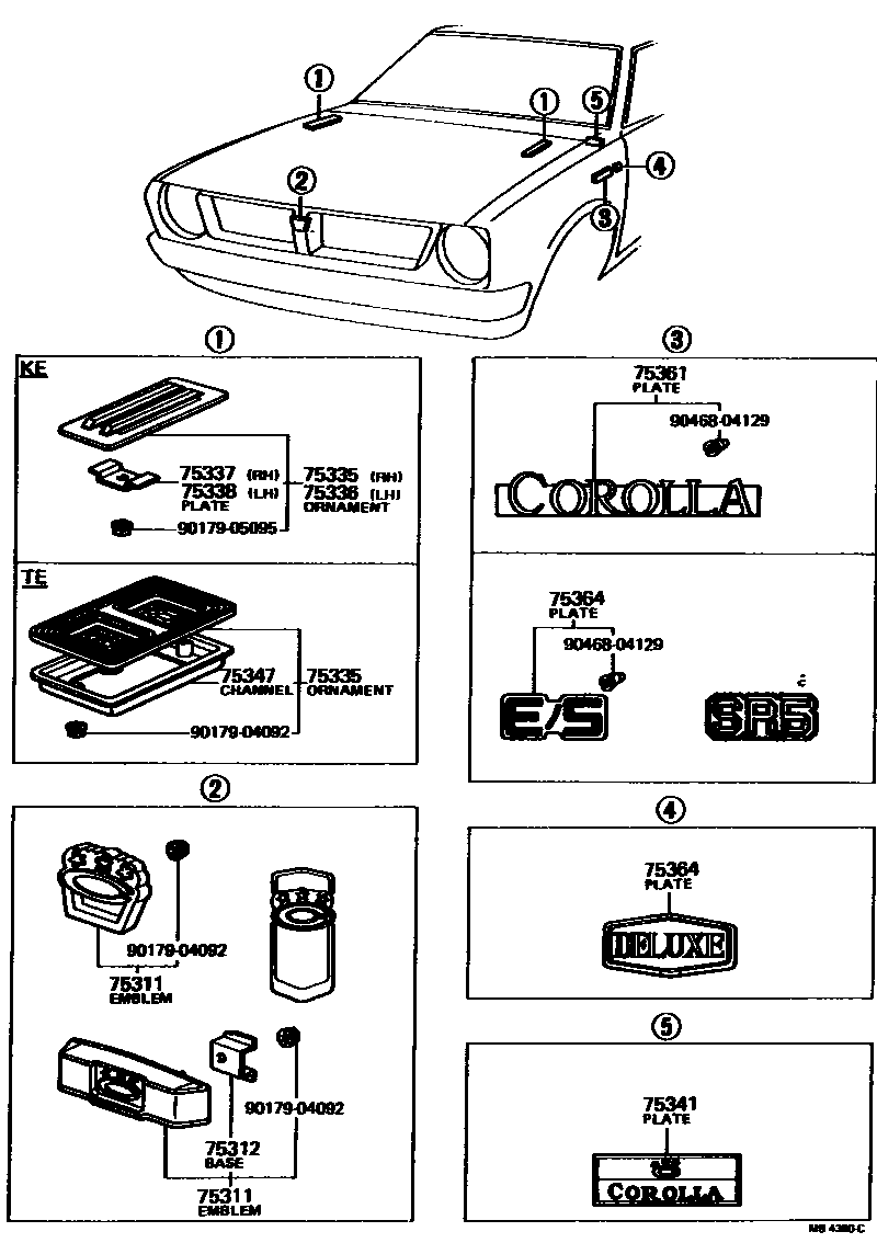 Toyota COROLLA 丰田徽标和铭牌(车外和车内) EPC diagram — MB4360C