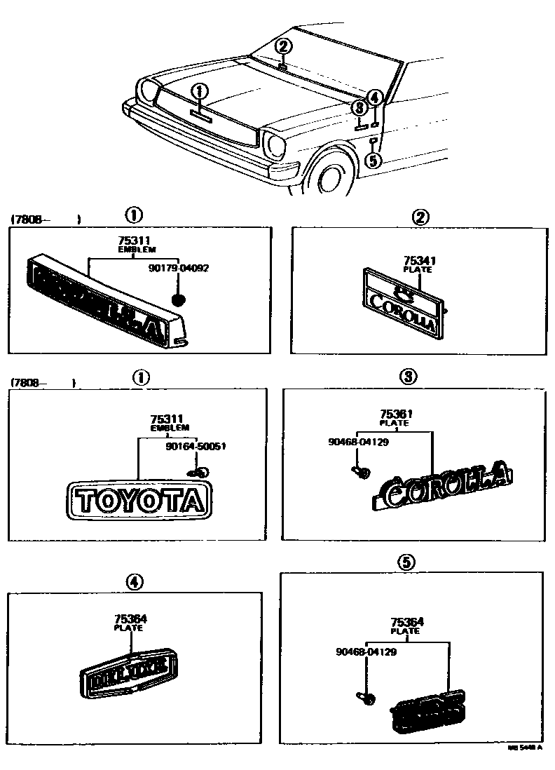 Toyota COROLLA 丰田徽标和铭牌(车外和车内) EPC diagram — MB5448A