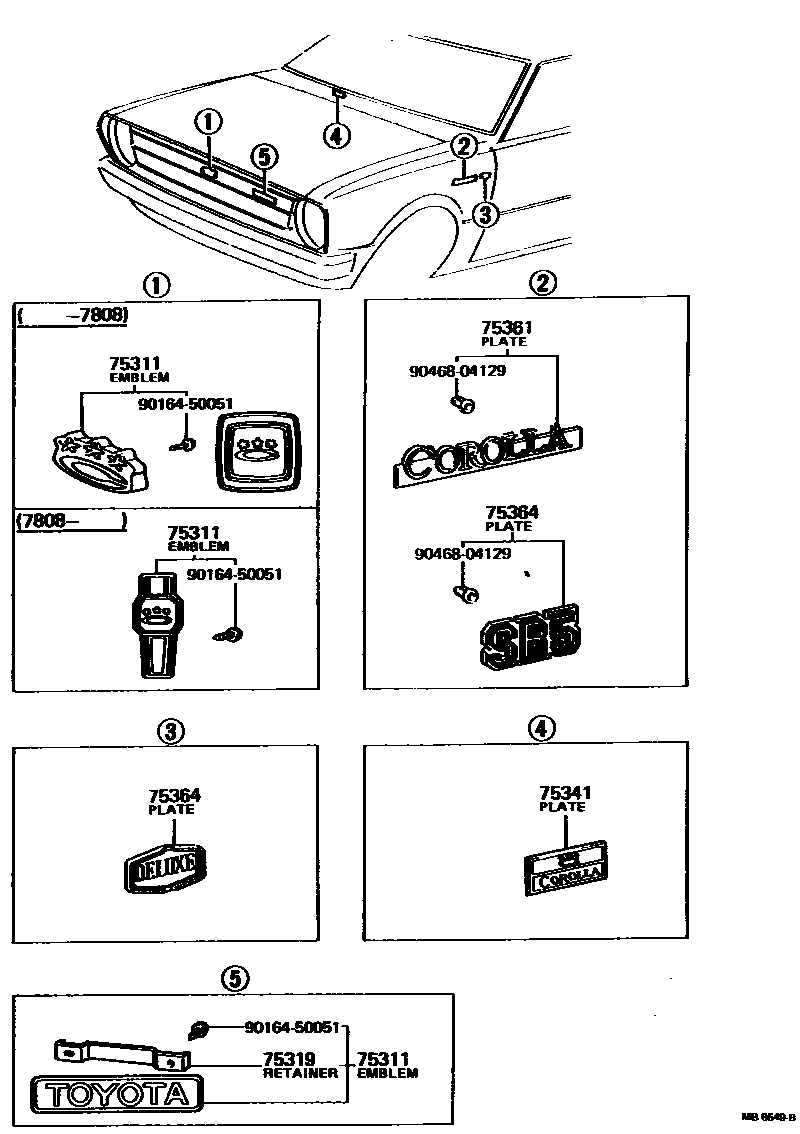 Toyota COROLLA 丰田徽标和铭牌(车外和车内) EPC diagram — MB6649B