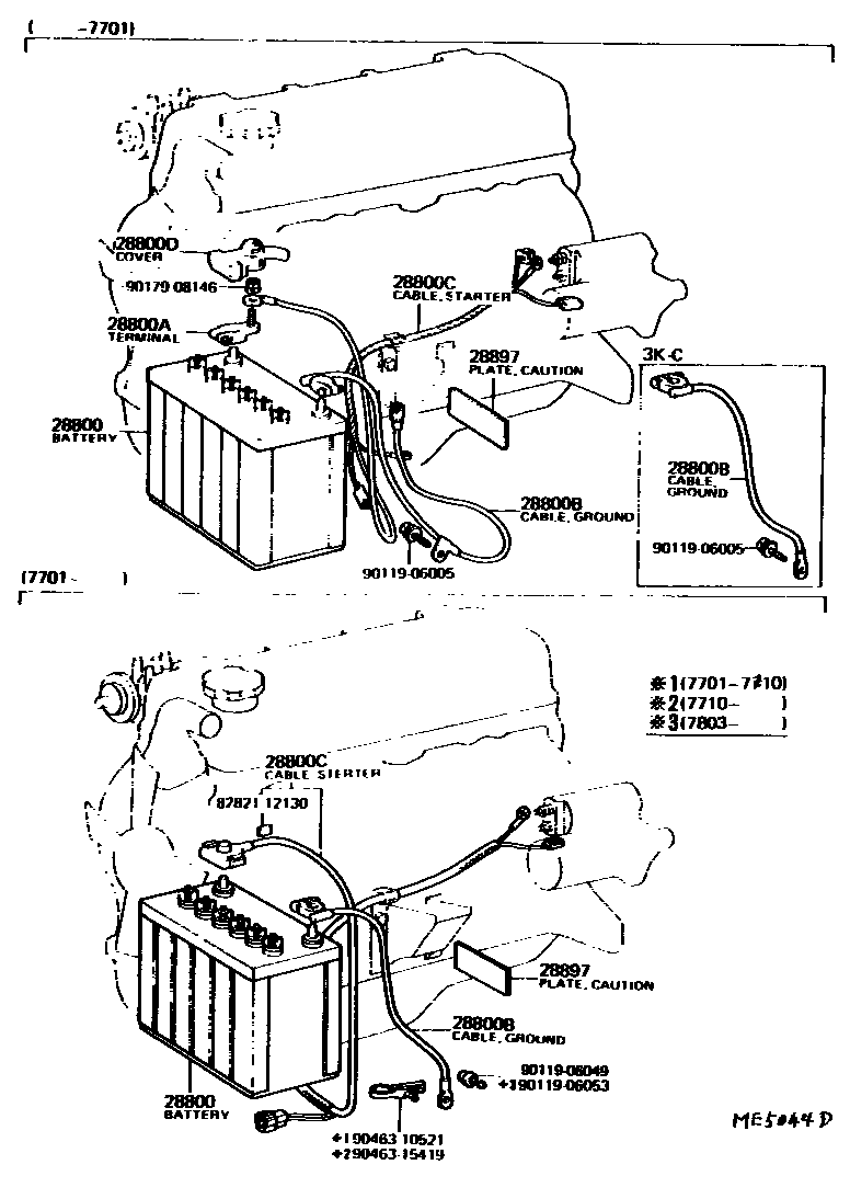 Toyota COROLLA 蓄电池和蓄电池电缆 EPC diagram — ME5044D