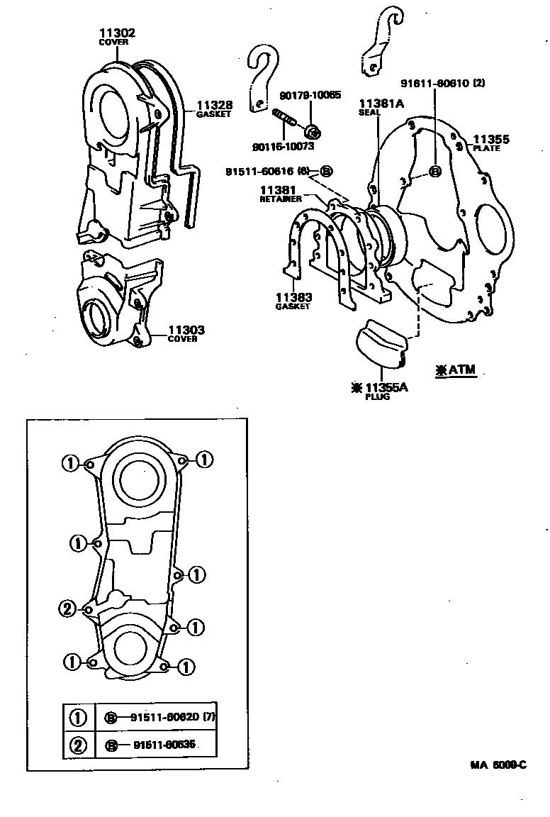 Toyota COROLLA Timing Gear Cover & Rear End Plate EPC diagram — MA6009C
