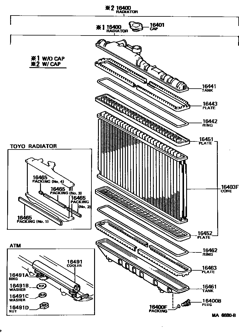 Toyota COROLLA RADIATOR & WATER OUTLET EPC diagram — MA6680B