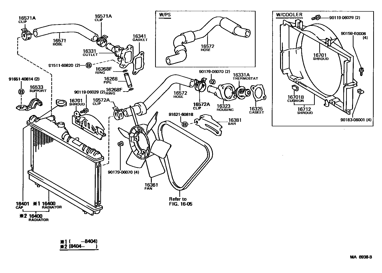 Toyota COROLLA RADIATOR & WATER OUTLET EPC diagram — MA6938B
