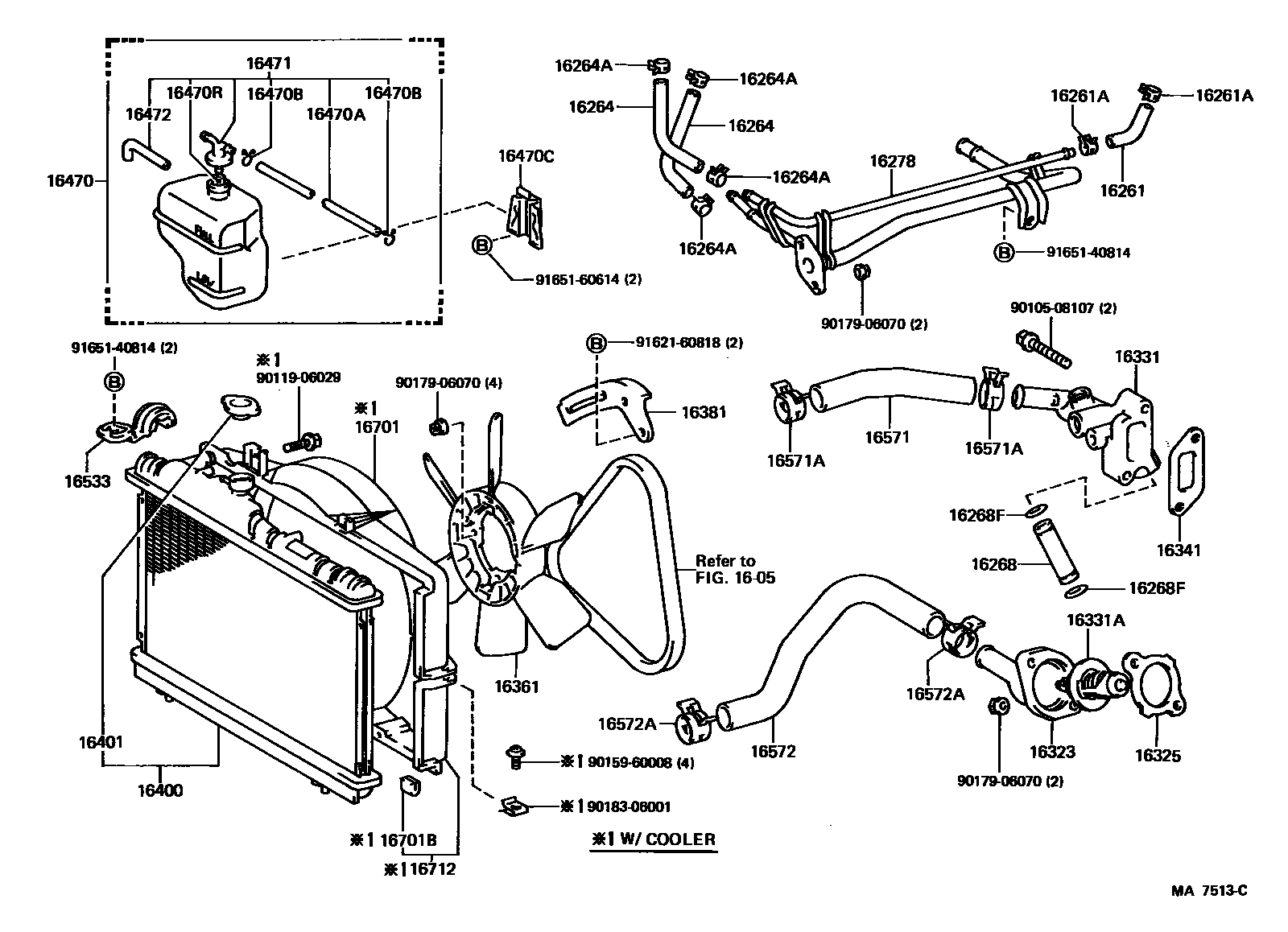 Toyota COROLLA RADIATOR & WATER OUTLET EPC diagram — MA7513C