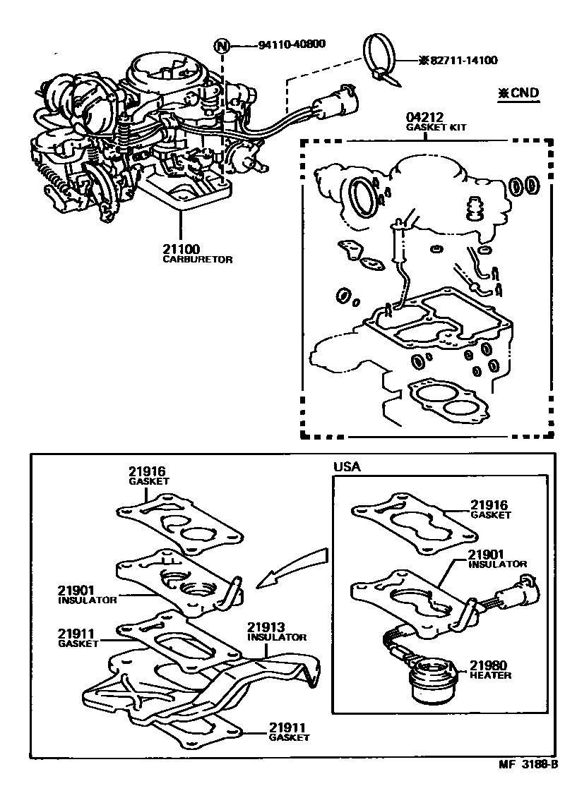 Toyota COROLLA carburetor assembly EPC diagram — MF3188B