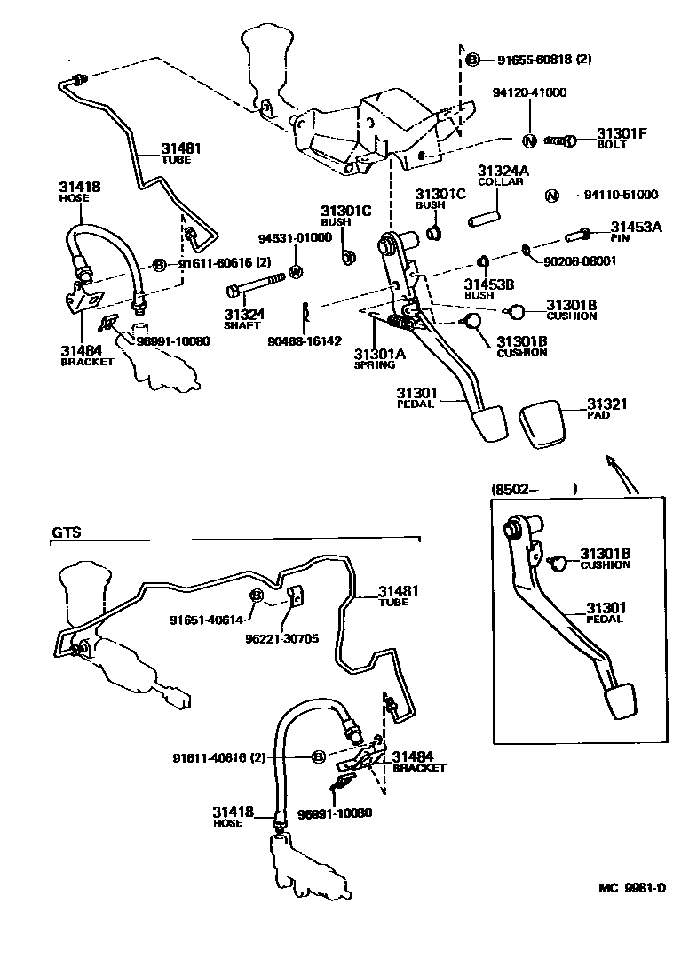 Toyota COROLLA 离合器踏板和挠性软管 EPC diagram — MC9981D