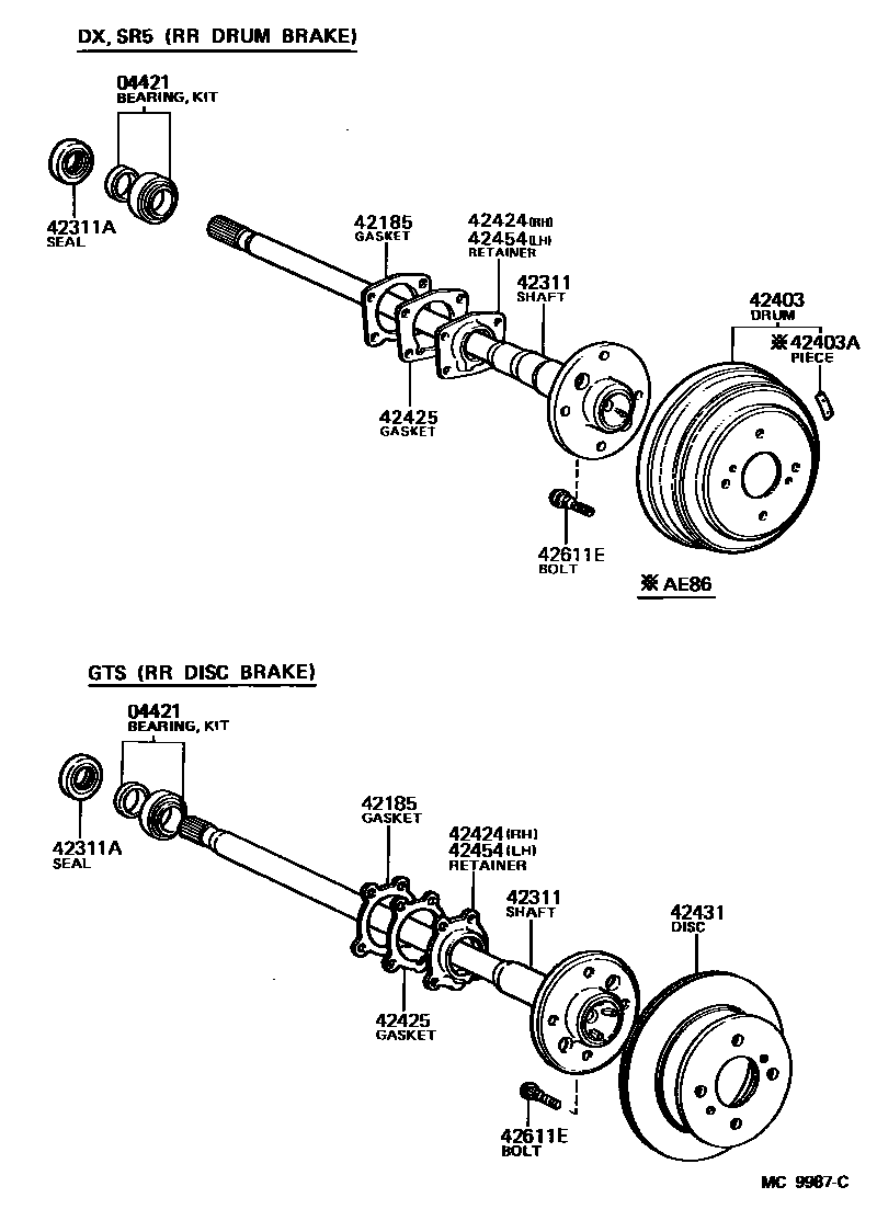 Toyota COROLLA 后桥半轴和后桥轮毂 EPC diagram — MC9987C