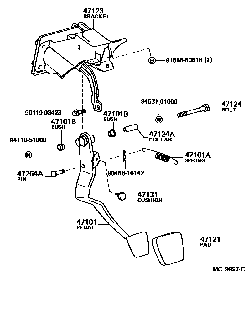 Toyota COROLLA Brake Pedal & Bracket EPC diagram — MC9997C