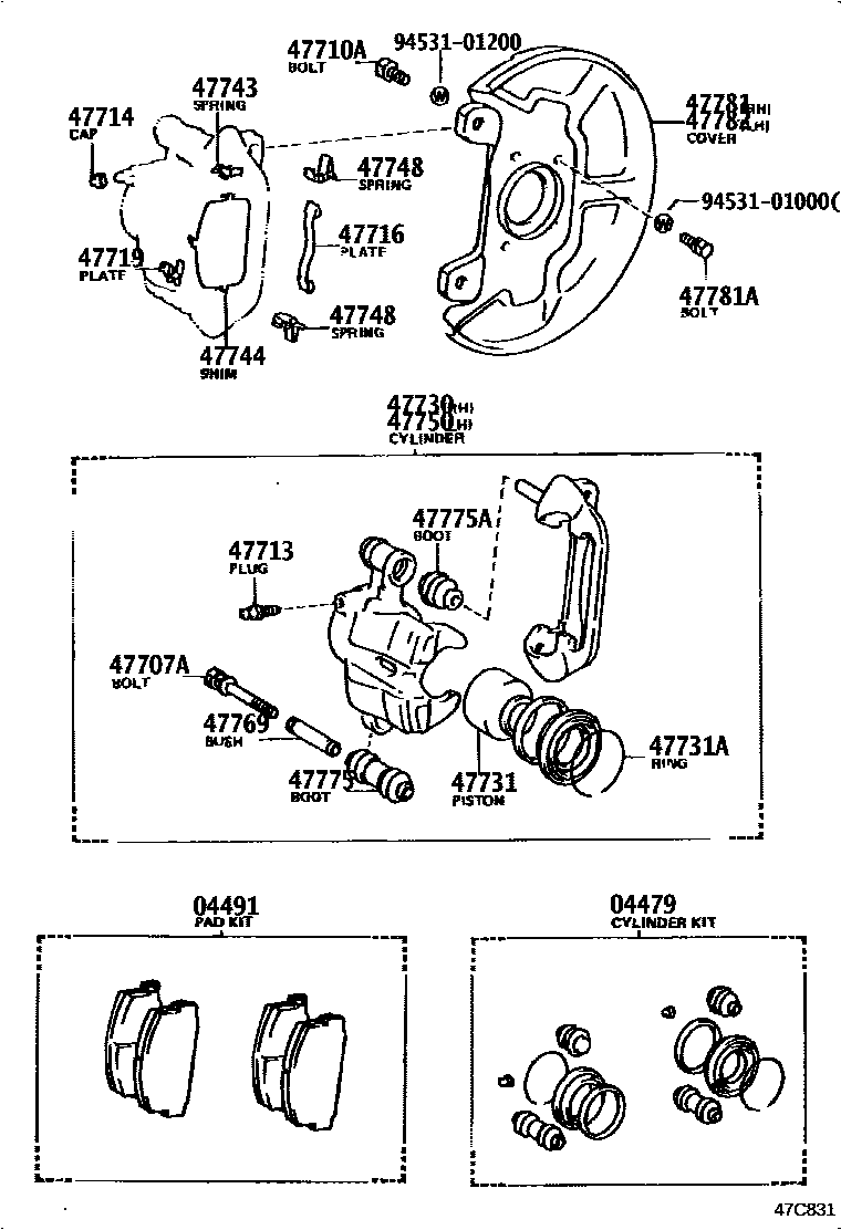 Toyota COROLLA 前盘式制动器卡钳和防尘罩 EPC diagram — 47C831