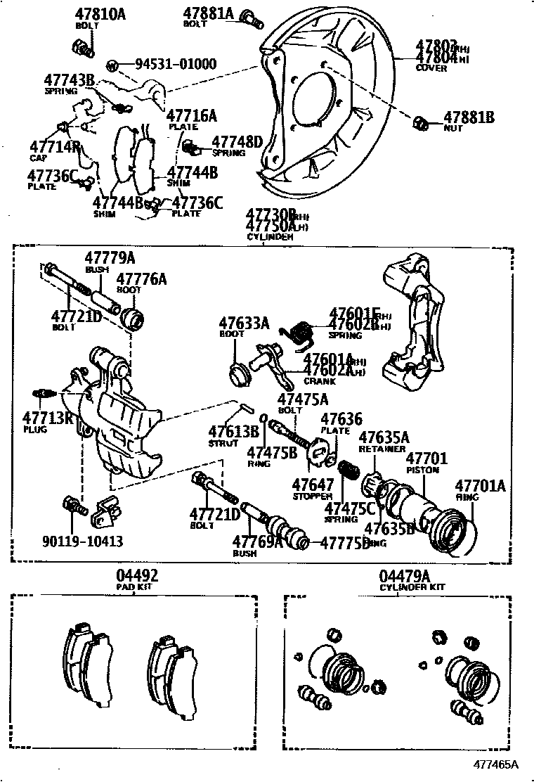 Toyota COROLLA 后盘式制动器卡钳和防尘罩 EPC diagram — 477465A