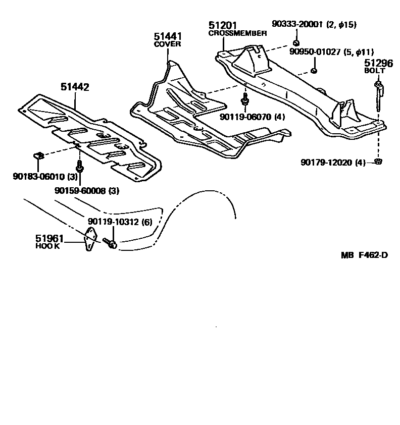 Toyota COROLLA 悬架横梁和发动机底罩 EPC diagram — MBF462D