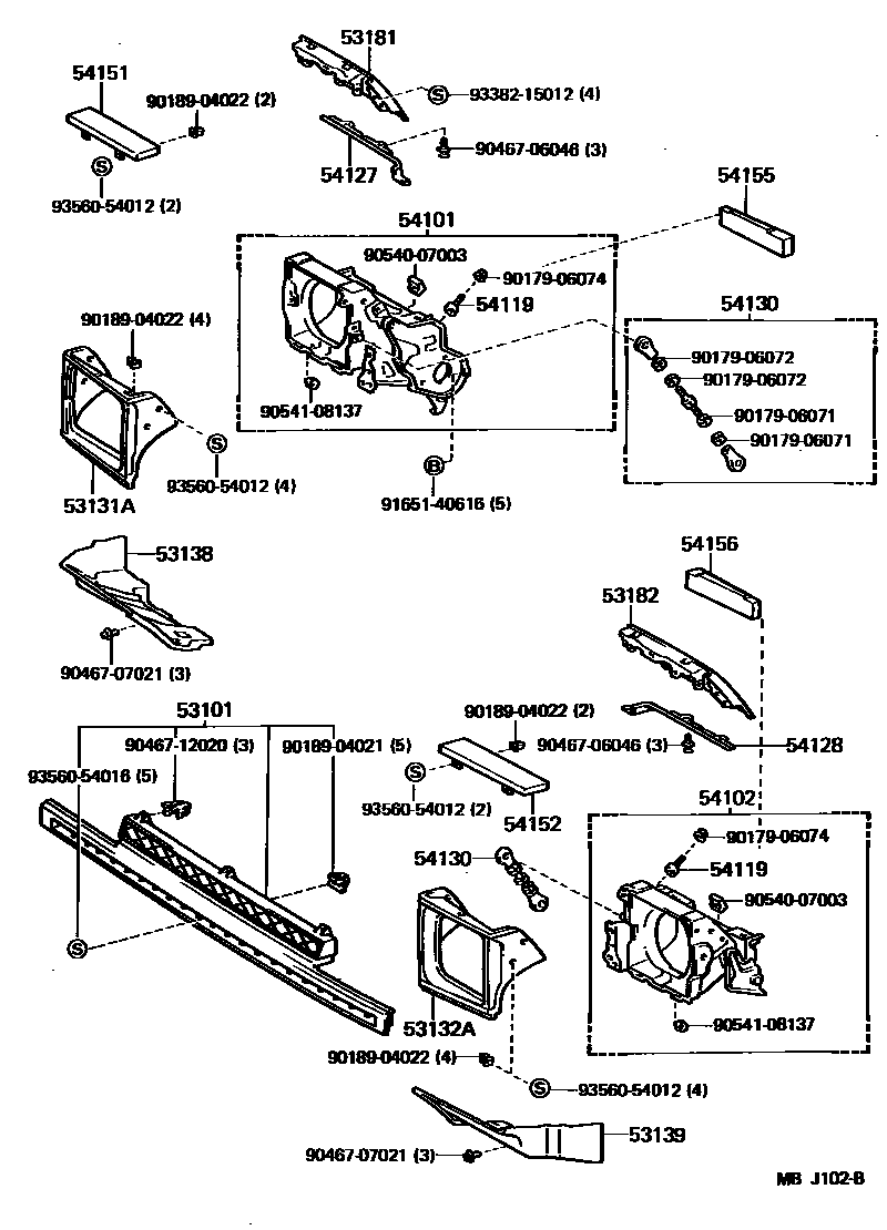 Toyota COROLLA radiator grille EPC diagram — MBJ102B