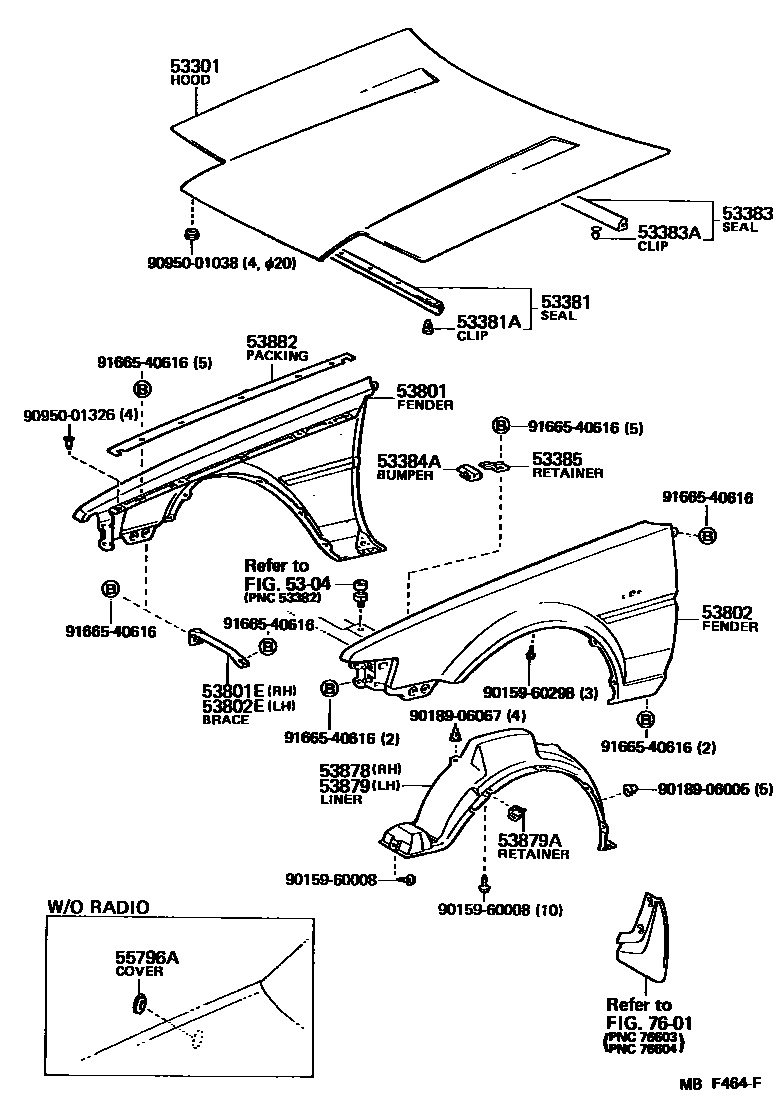 Toyota COROLLA 发动机盖和前翼子板 EPC diagram — MBF464F