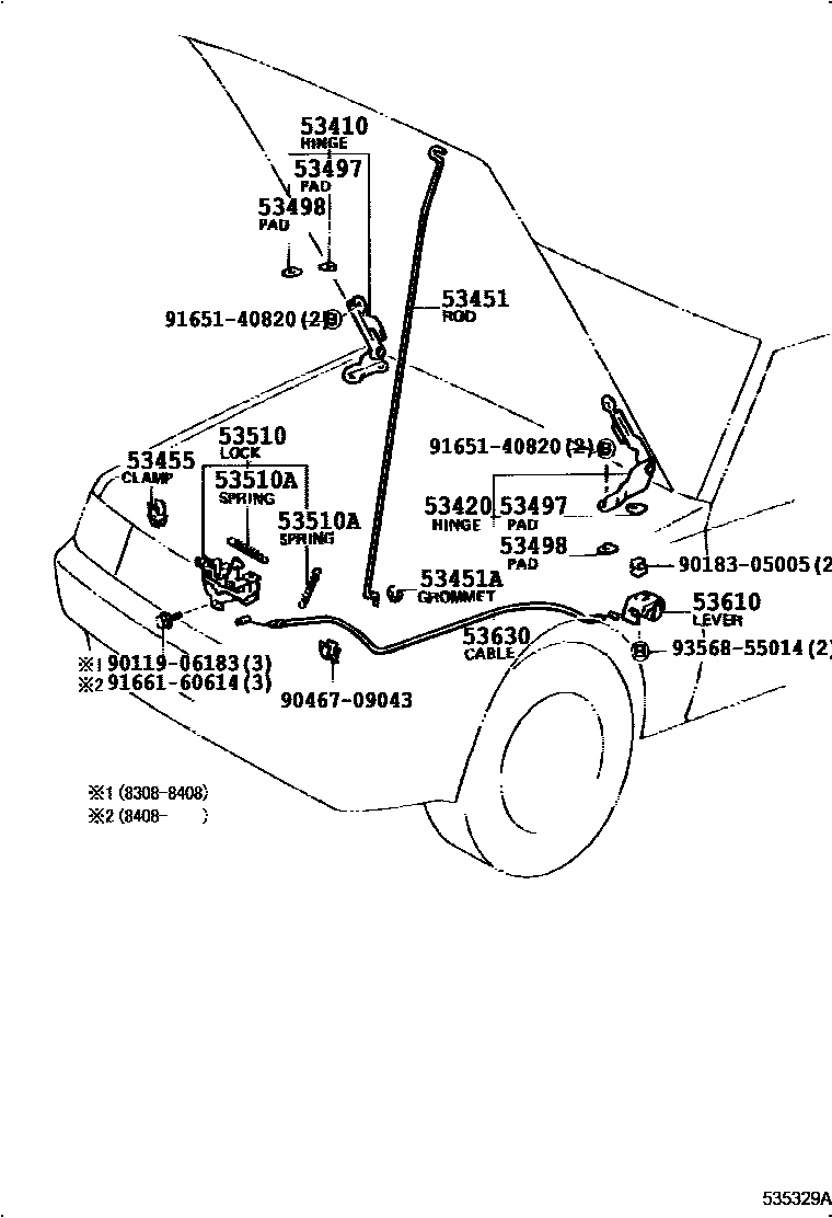 Toyota COROLLA 发动机盖锁和铰链 EPC diagram — 535329A