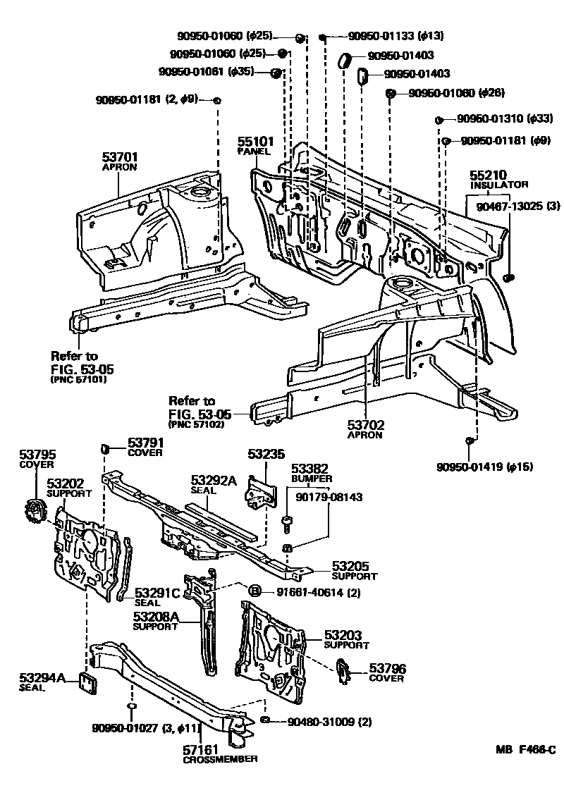 Toyota COROLLA 前翼子板挡泥板和前围板 EPC diagram — MBF466C
