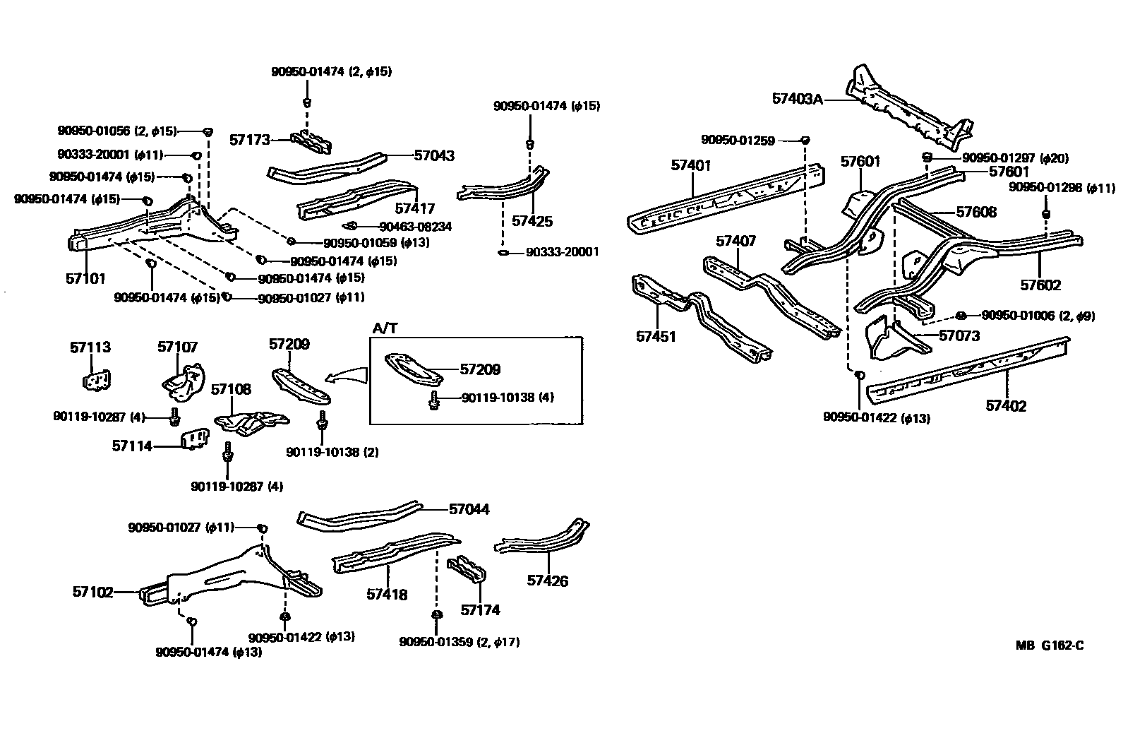 Toyota COROLLA Floor stringers EPC diagram — MBG162C