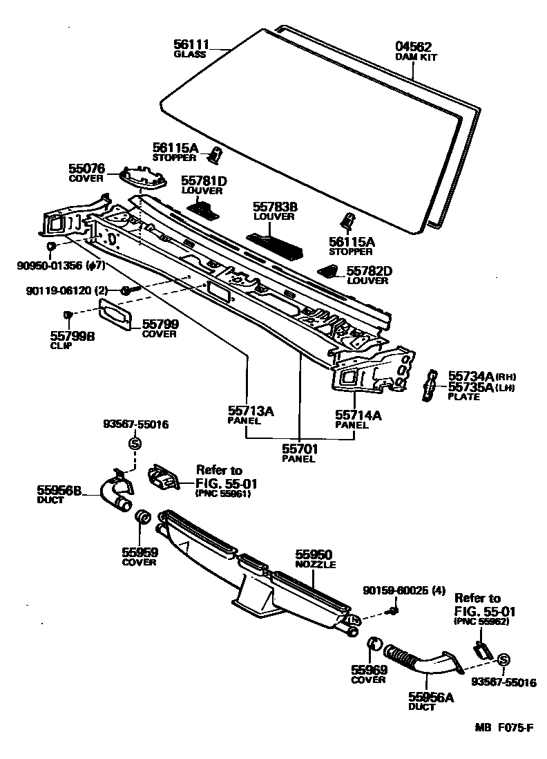 Toyota COROLLA 前围板和挡风玻璃 EPC diagram — MBF075F