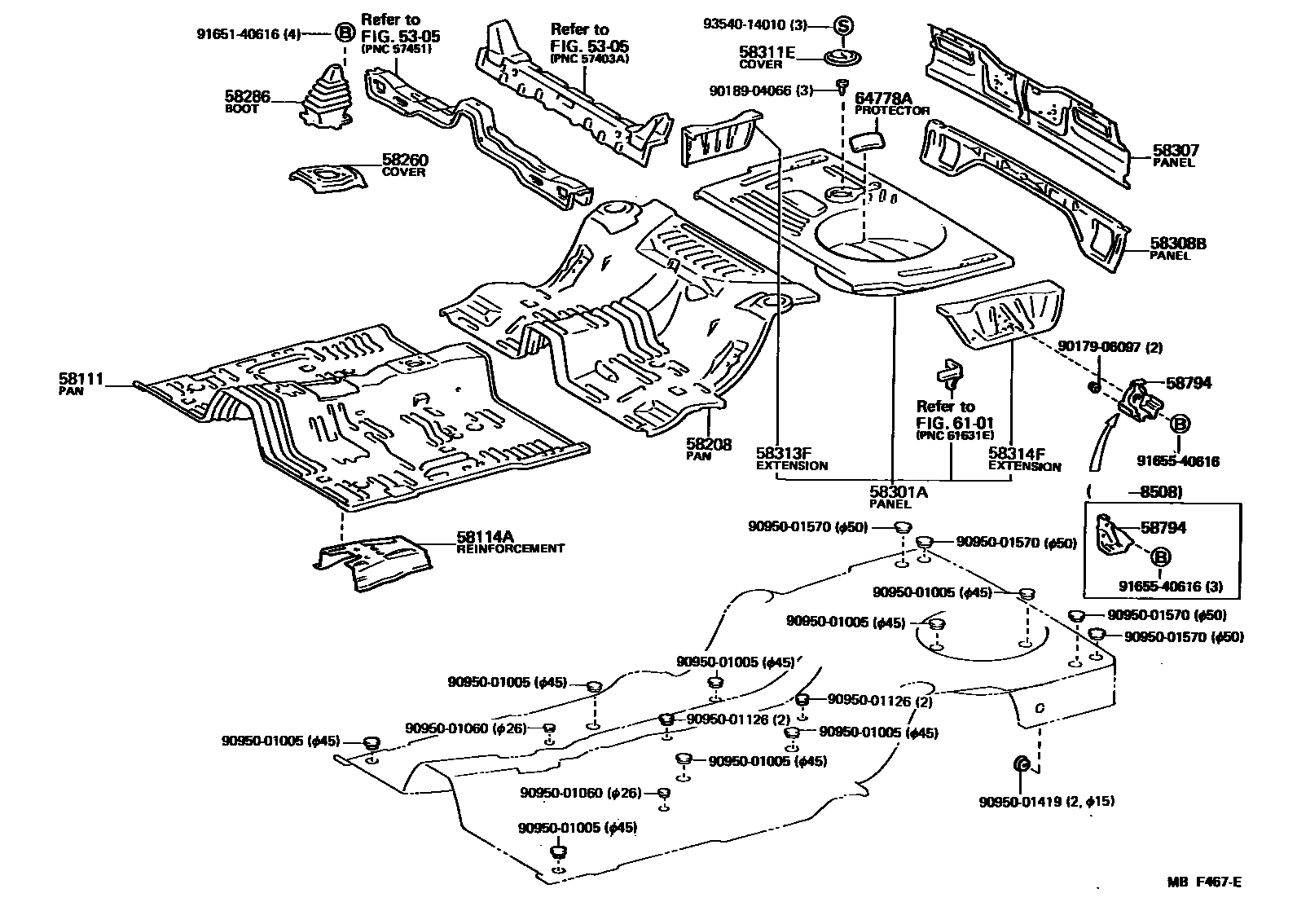 Toyota COROLLA 浅盘形地板和车身下背板 EPC diagram — MBF467E