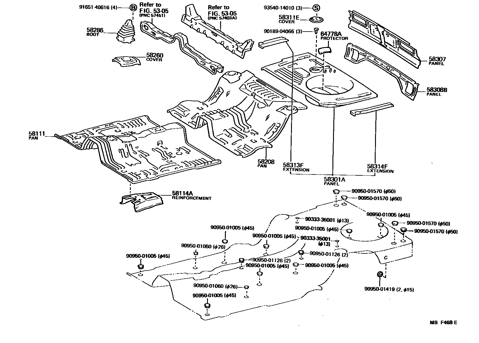 Toyota COROLLA 浅盘形地板和车身下背板 EPC diagram — MBF468E