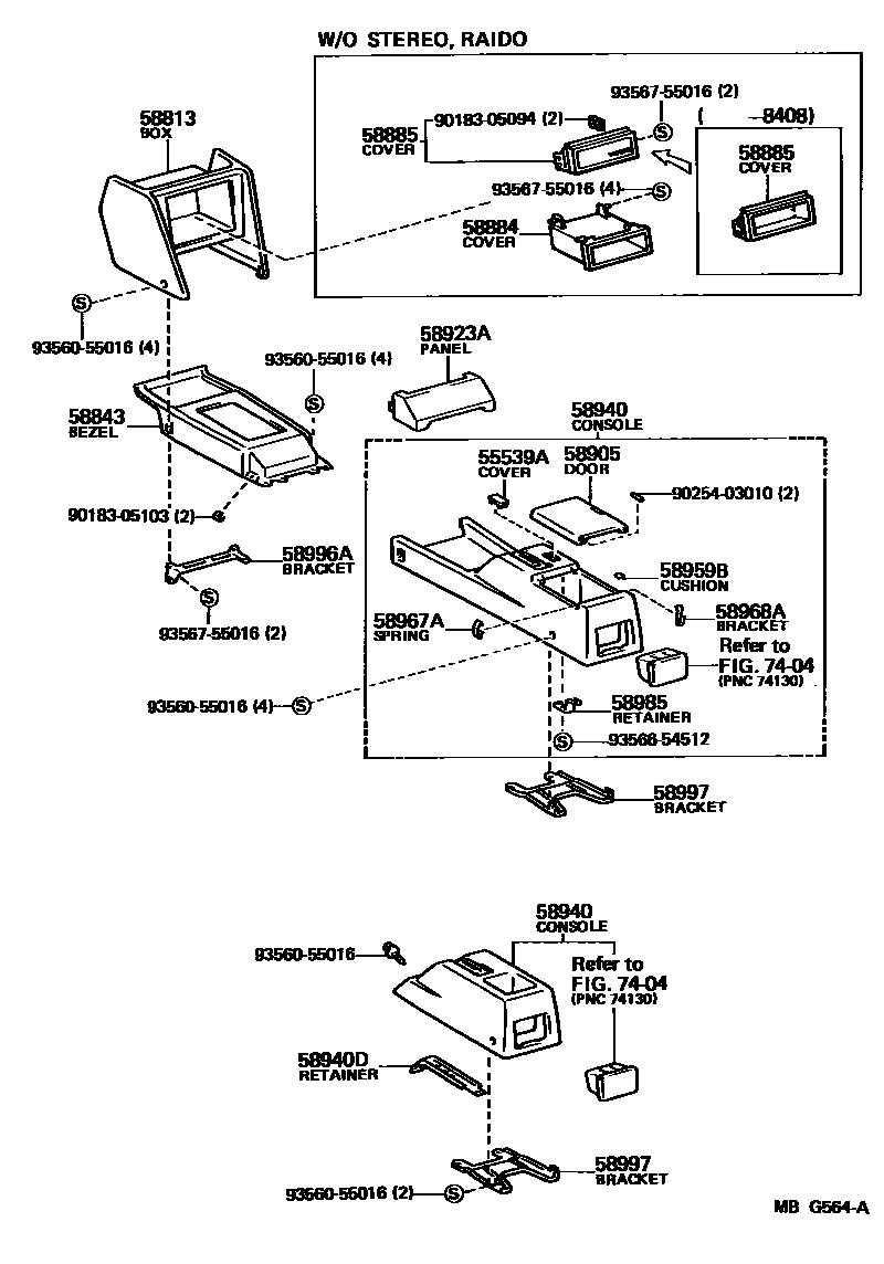 Toyota COROLLA 中央扶手箱和支架 EPC diagram — MBG564A