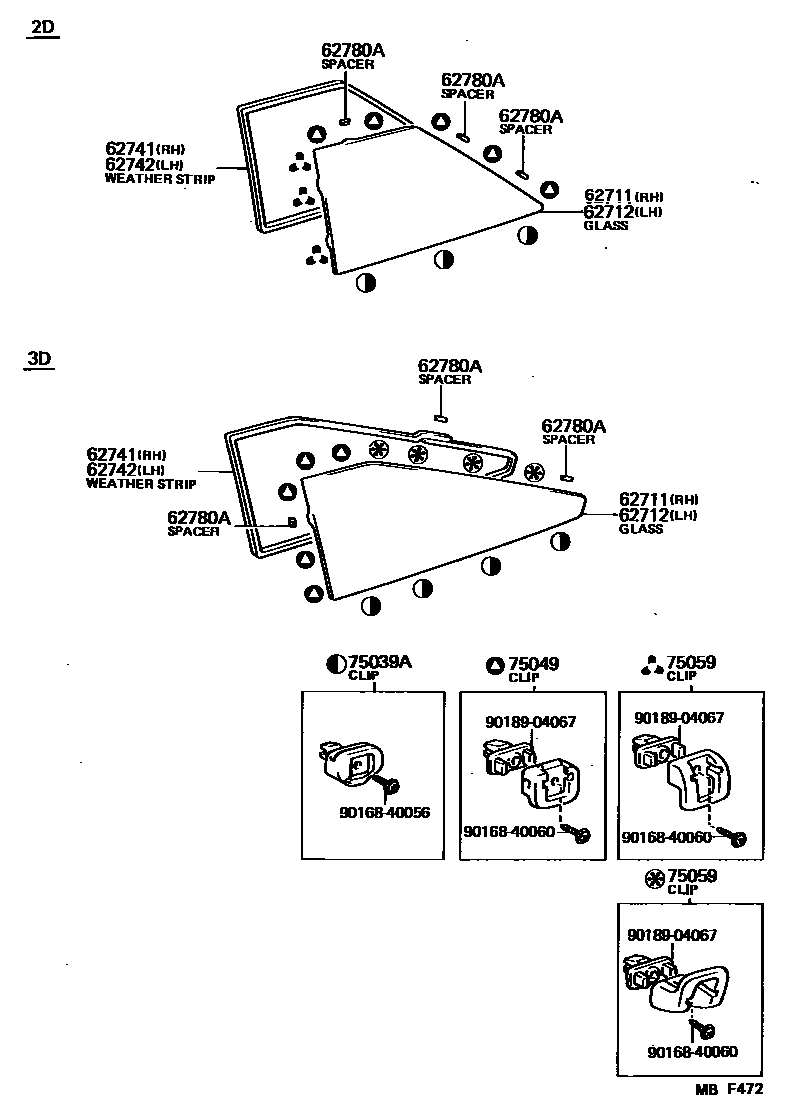 Toyota COROLLA 角窗 EPC diagram — MBF472