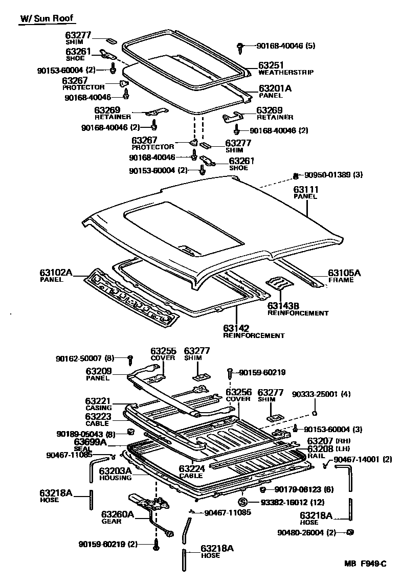 Toyota COROLLA 天窗板和背窗玻璃 EPC diagram — MBF949C