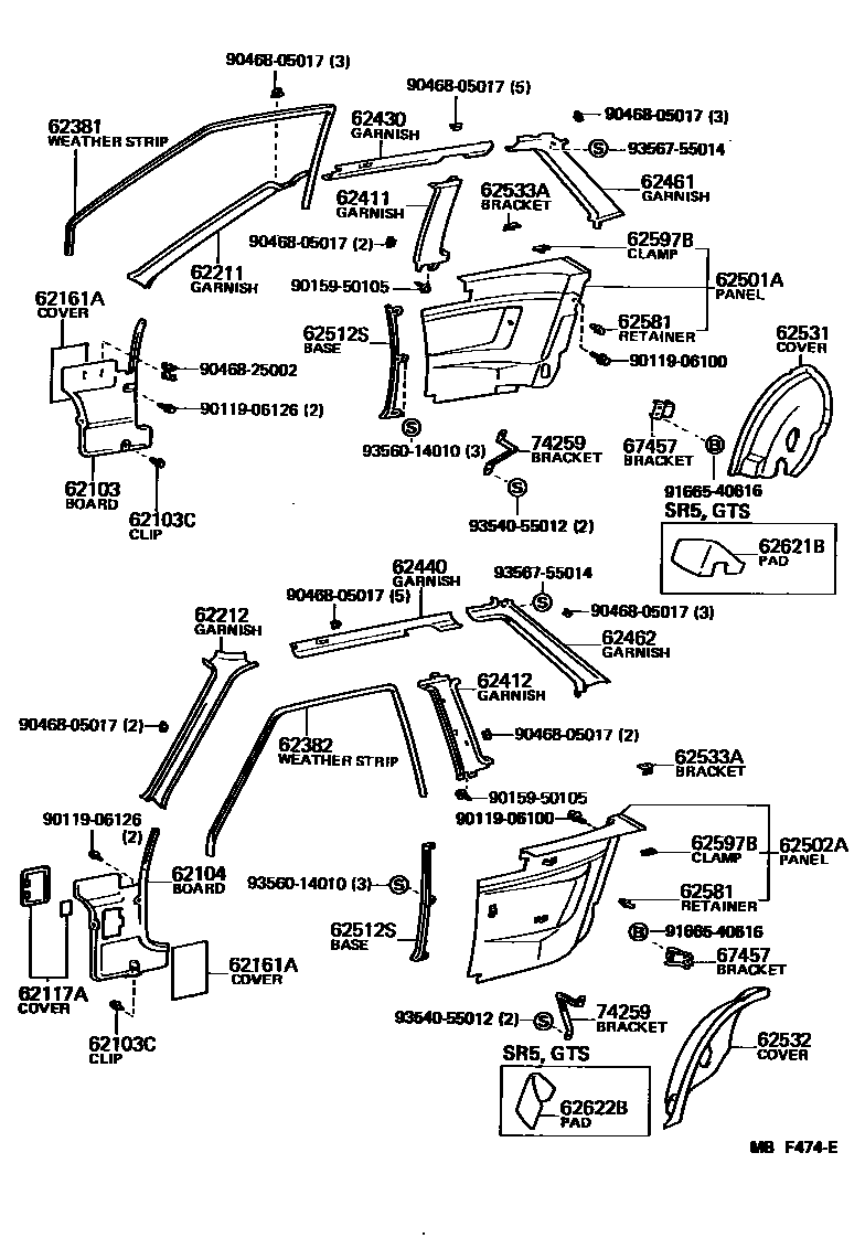 Toyota COROLLA 内饰板和车门防水胶条 EPC diagram — MBF474E