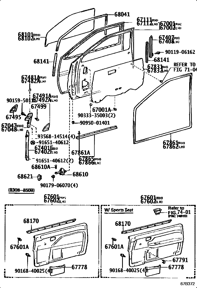 Toyota COROLLA 前门板和前门玻璃 EPC diagram — 67B372