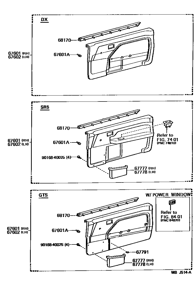 Toyota COROLLA 前门板和前门玻璃 EPC diagram — MBJ514A