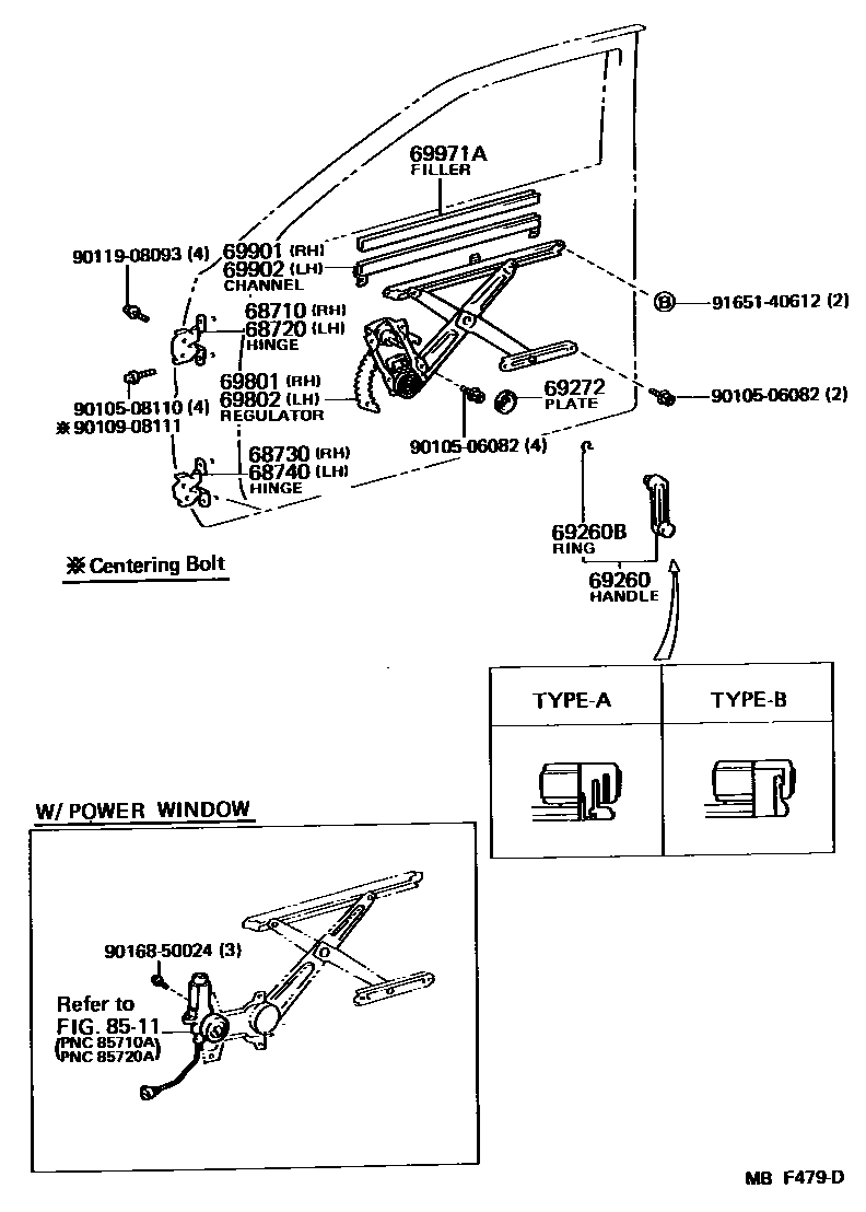 Toyota COROLLA 前门车窗升降器和合页 EPC diagram — MBF479D