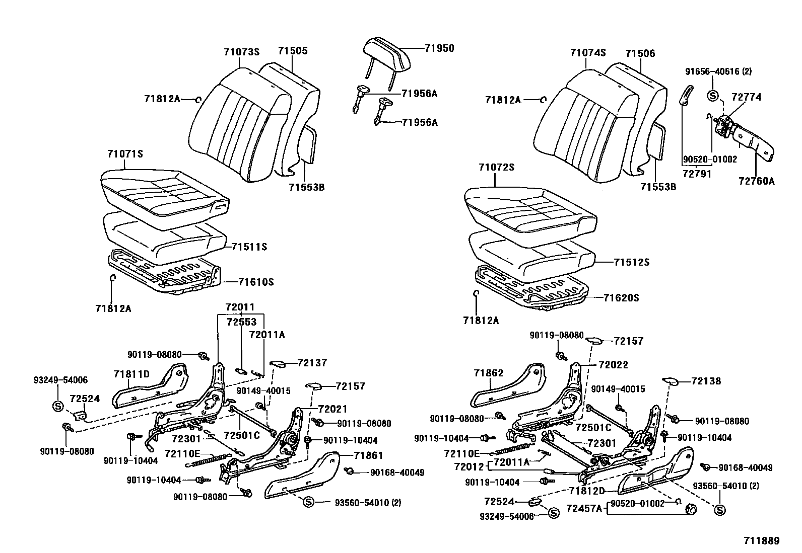 Toyota COROLLA 前排座椅和座椅滑轨 EPC diagram — 711889