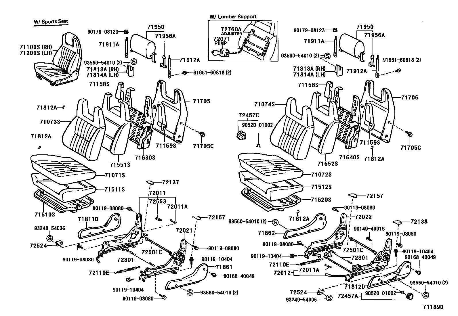 Toyota COROLLA 前排座椅和座椅滑轨 EPC diagram — 711890