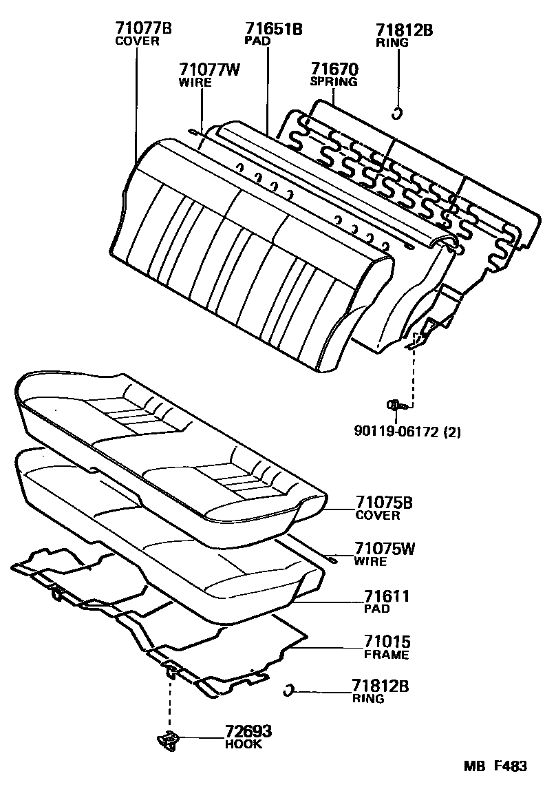 Toyota COROLLA 后排座椅和座椅滑轨 EPC diagram — MBF483