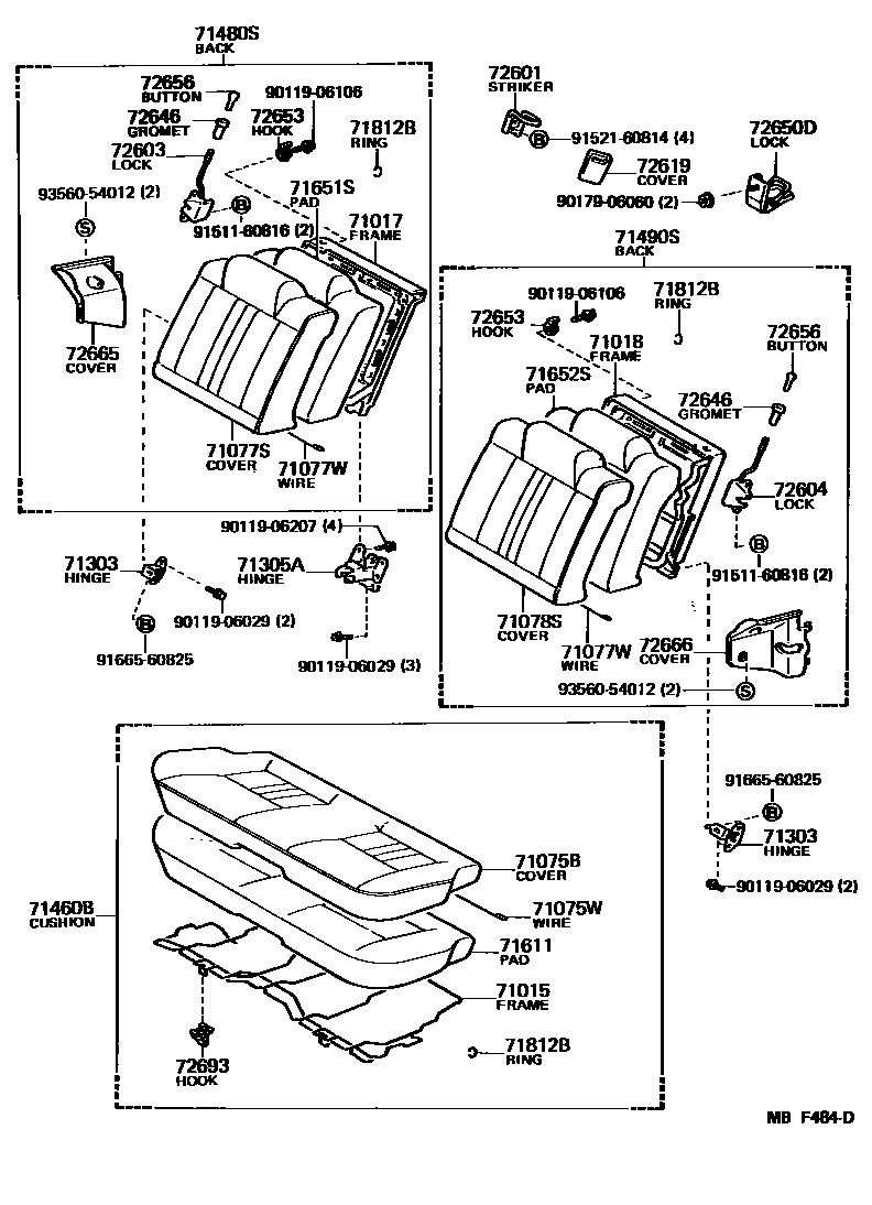 Toyota COROLLA 后排座椅和座椅滑轨 EPC diagram — MBF484D