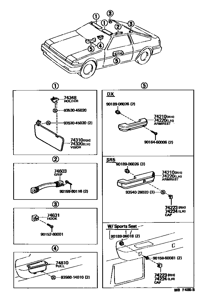 Toyota COROLLA 扶手和遮阳板 EPC diagram — MBF486B