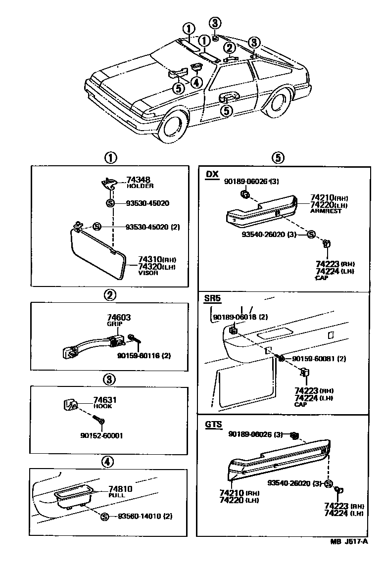 Toyota COROLLA 扶手和遮阳板 EPC diagram — MBJ517A