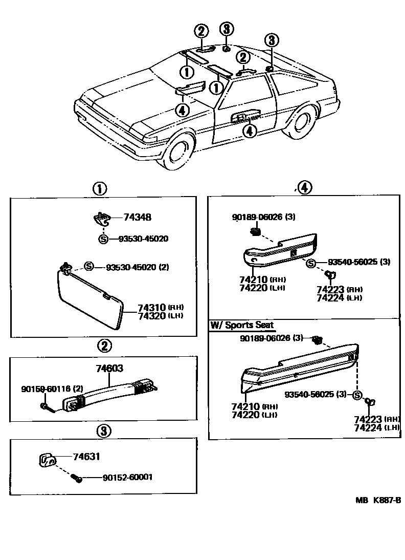 Toyota COROLLA 扶手和遮阳板 EPC diagram — MBK887B