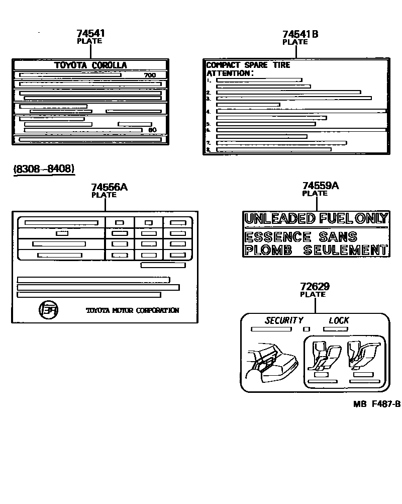 Toyota COROLLA 警示铭牌(车外和车内) EPC diagram — MBF487B