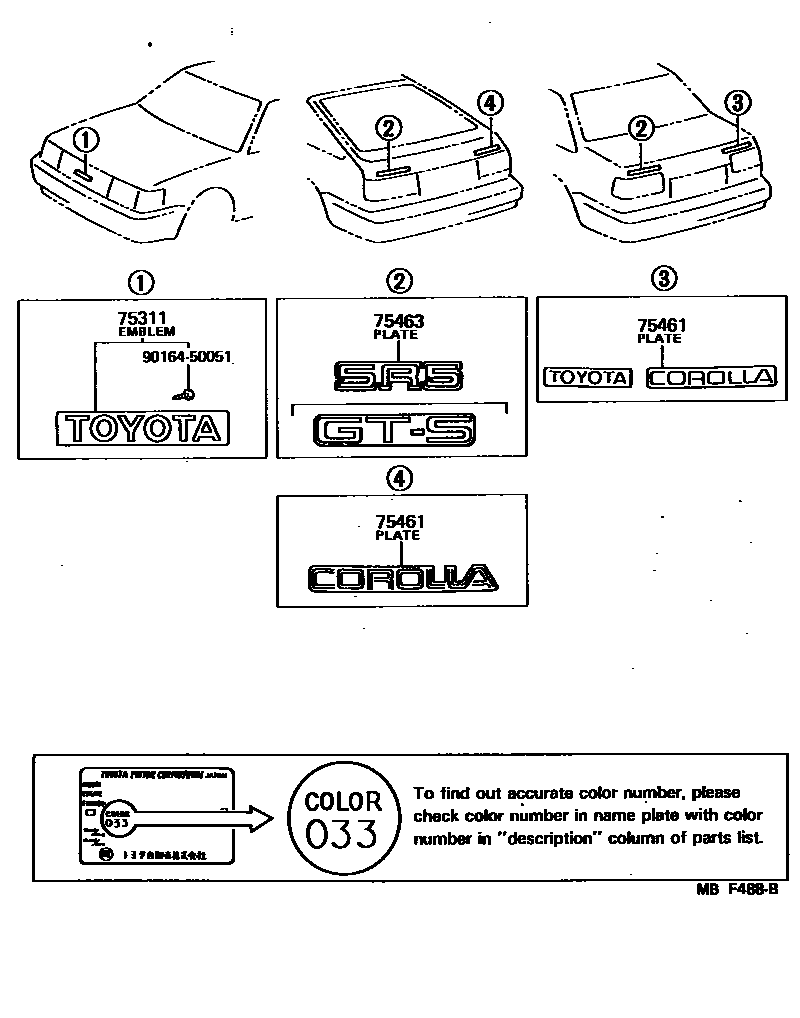 Toyota COROLLA 丰田徽标和铭牌(车外和车内) EPC diagram — MBF488B