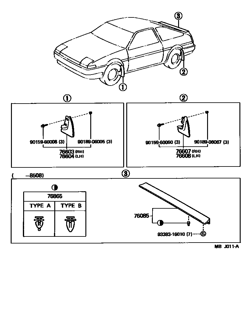 Toyota COROLLA 挡泥板和扰流板 EPC diagram — MBJ011A