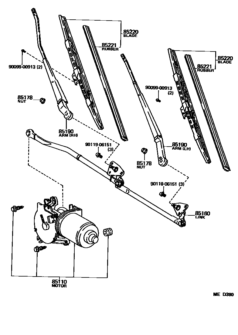 Toyota COROLLA 挡风玻璃刮水器 EPC diagram — MED390