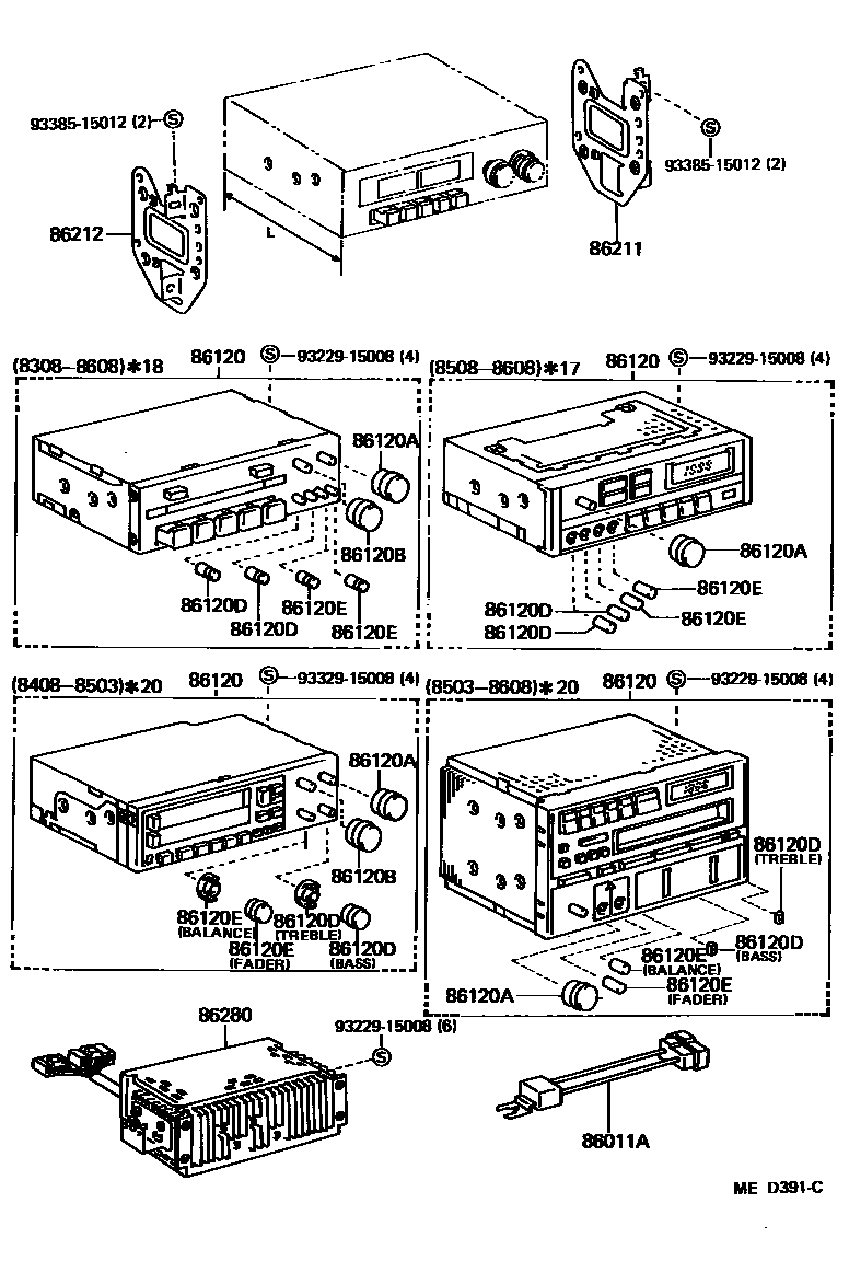 Toyota COROLLA 收音机、放大器和冷凝器 EPC diagram — MED391C