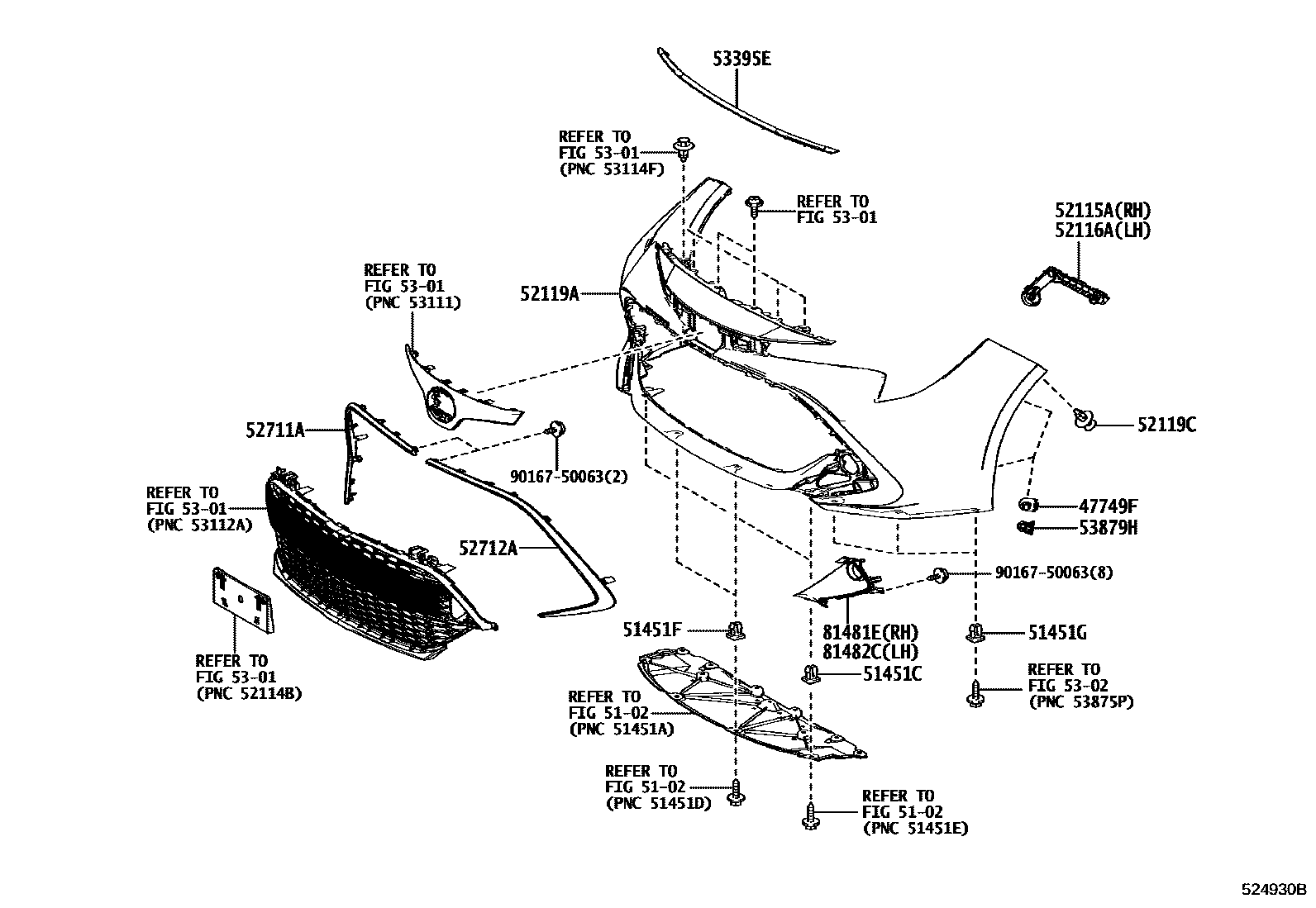 Toyota COROLLA 前保险杠及附件 EPC diagram — 524930B