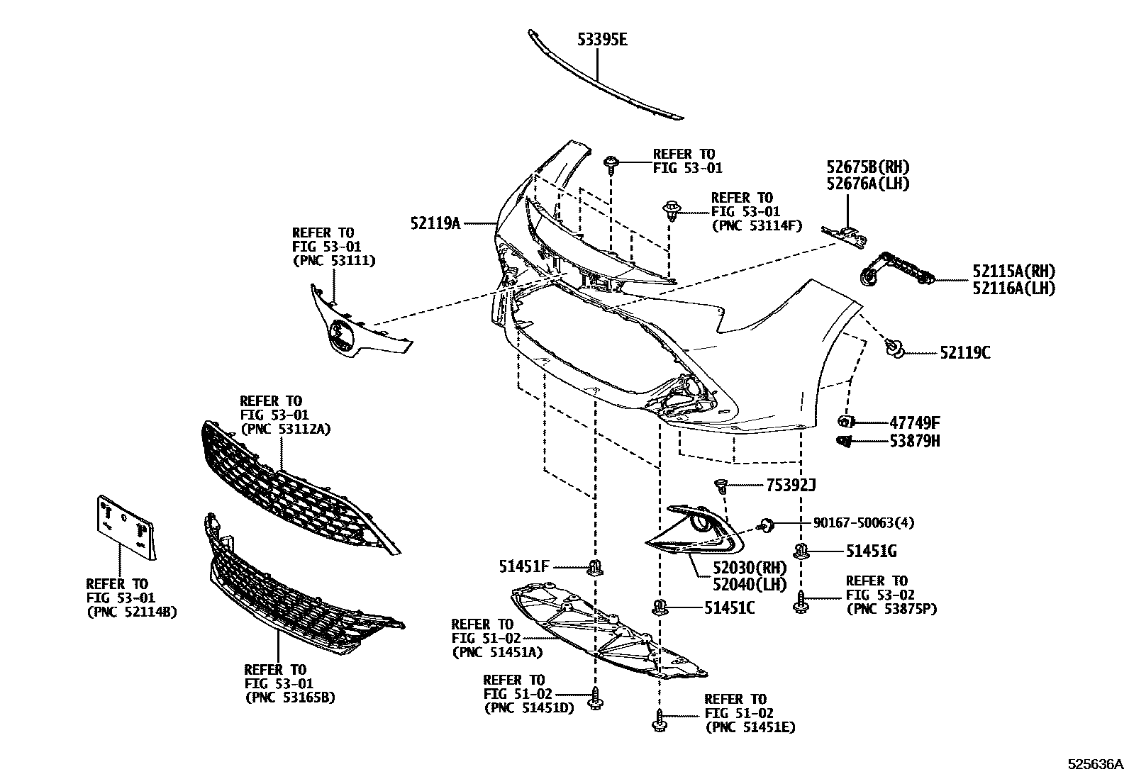 Toyota COROLLA 前保险杠及附件 EPC diagram — 525636A