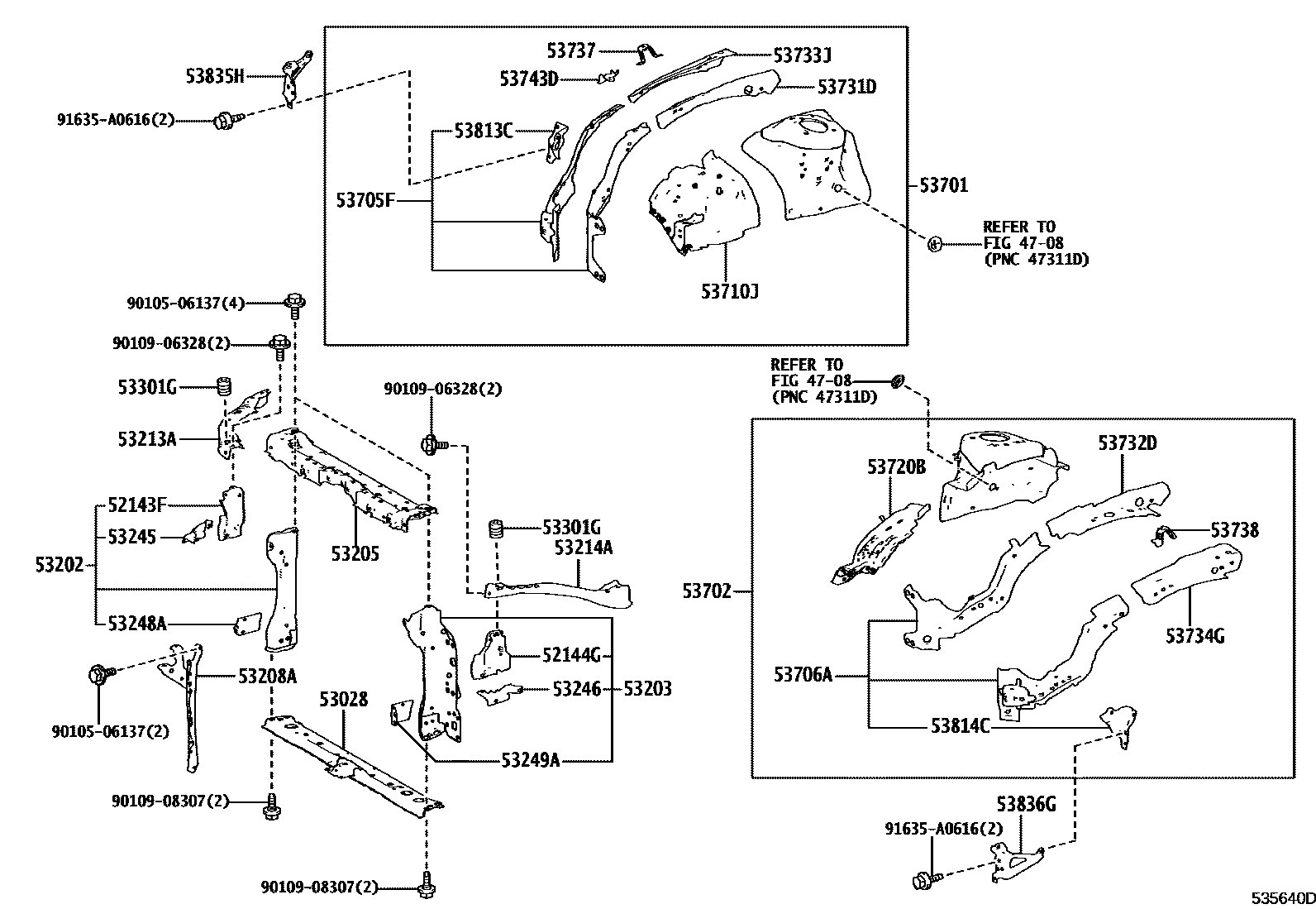 Toyota COROLLA 前翼子板挡泥板和前围板 EPC diagram — 535640D