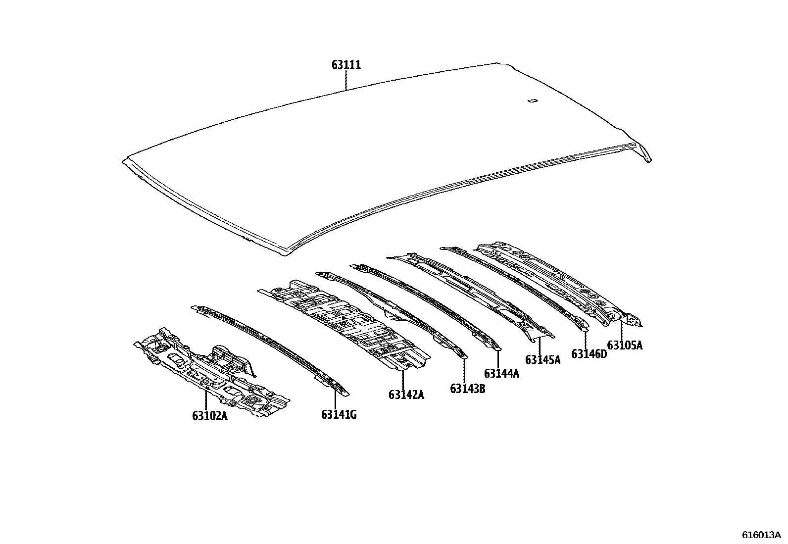 Toyota COROLLA 天窗板和背窗玻璃 EPC diagram — 616013A