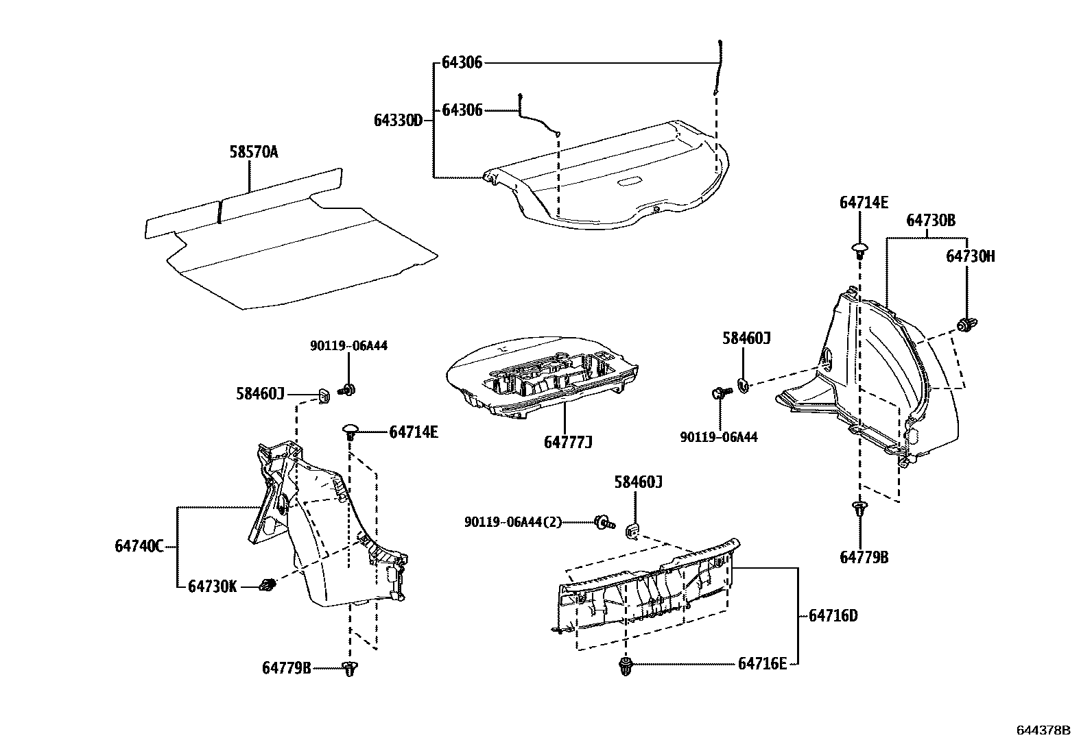 Toyota COROLLA 底板和底板装饰罩 EPC diagram — 644378B