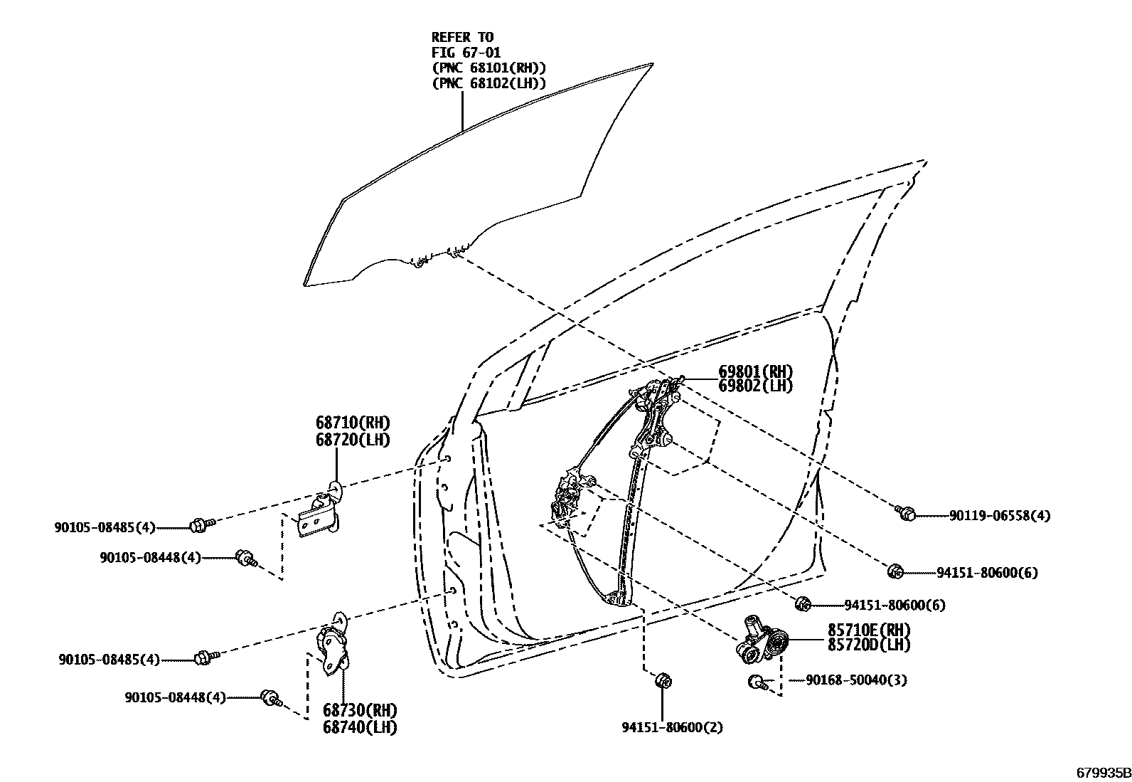 Toyota COROLLA 前门车窗升降器和合页 EPC diagram — 679935B