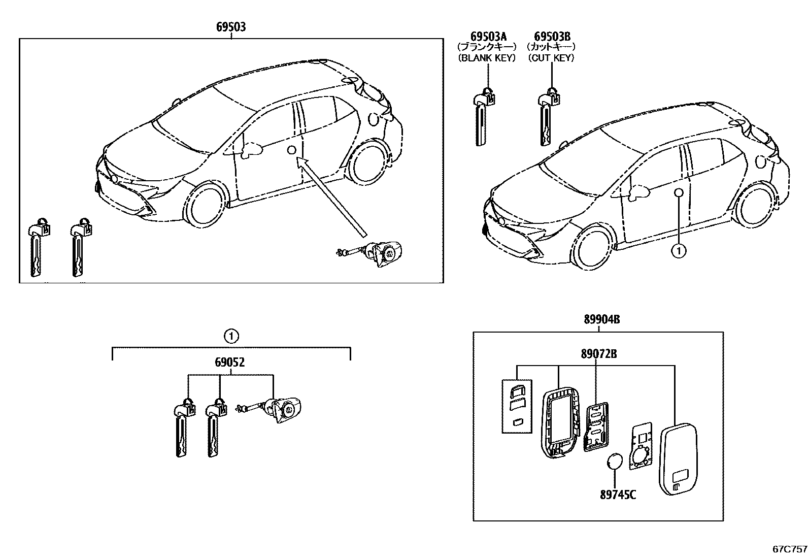 Toyota COROLLA 锁芯组件 EPC diagram — 67C757