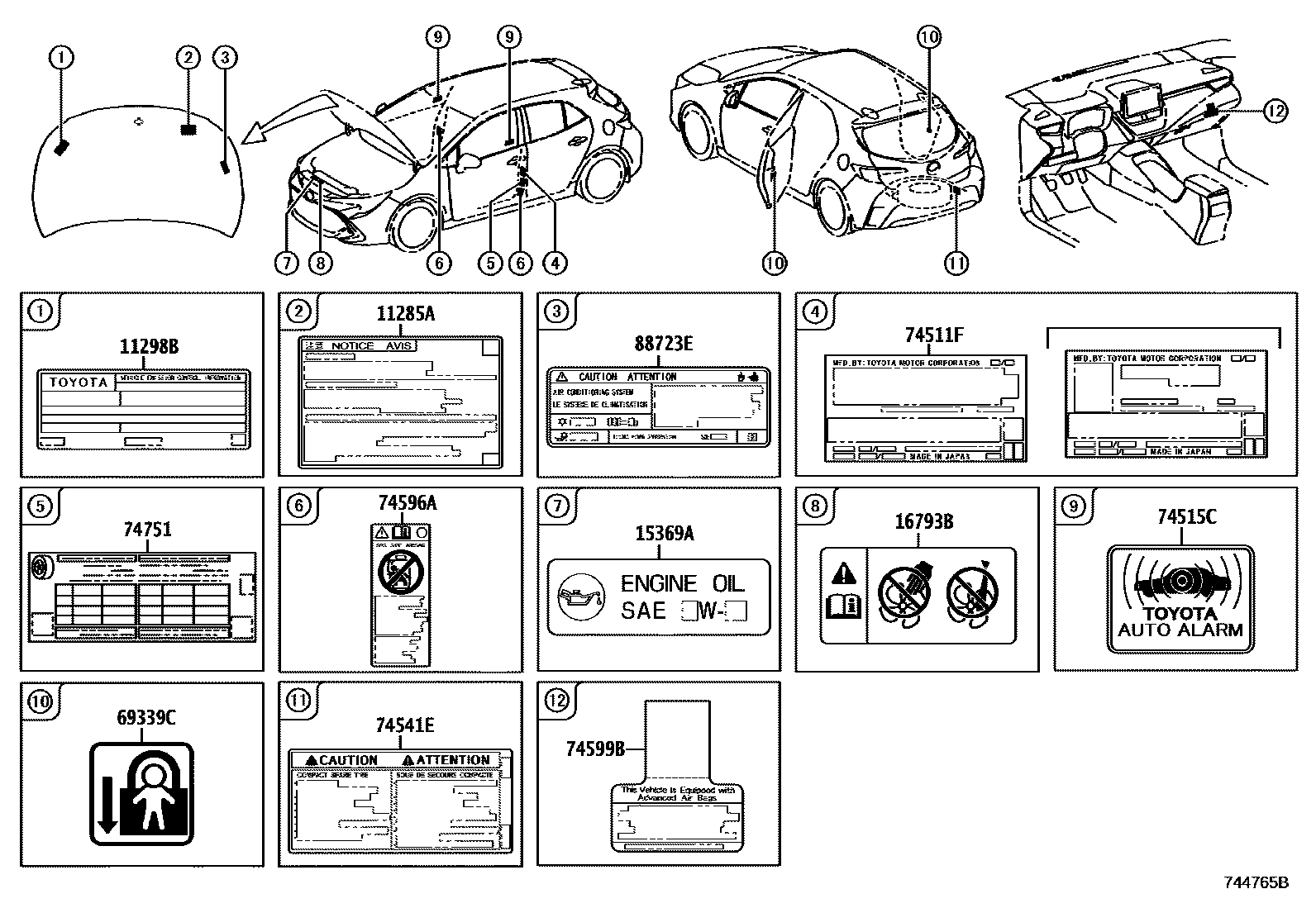 Toyota COROLLA 警示铭牌(车外和车内) EPC diagram — 744765B